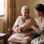 Elderly patient receiving home care for UTI prevention with caregiver assistance and hydration monitoring in Karachi