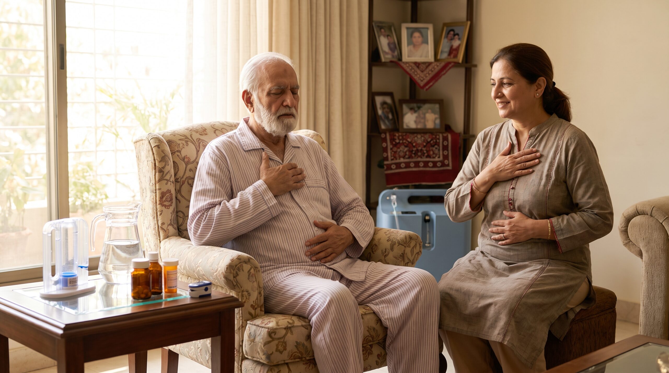 Elderly pneumonia patient doing breathing exercises at home with caregiver support and oxygen therapy in Karachi