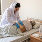 Professional nurse performing pressure ulcer dressing at home on bedridden patient with proper wound care supplies in Karachi